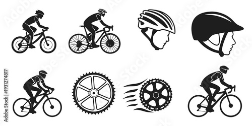 Illustration of various bicycle parts and accessories including helmets and wheels