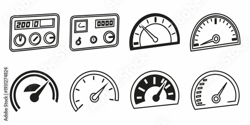 A collection of various gauges and dials used in vehicles and machinery.
