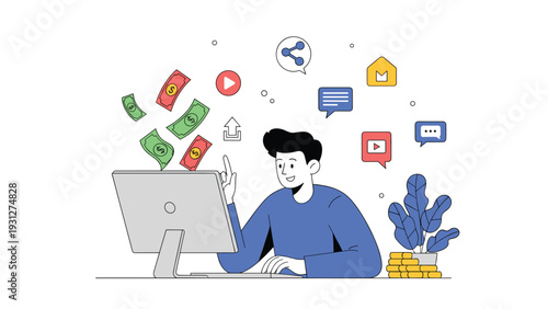 Man working on a computer at his desk with coins and social media icons floating around representing digital marketing income.