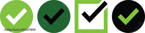 Colorful check mark icons set featuring green circles, squares, and black backgrounds, symbolizing approval, completion, correctness, and user interface design elements