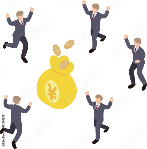 Isometric Business Illustration. Successful Businessmen Rejoicing Around a Huge Money Bag with Coins