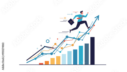 Successful businessman with a briefcase running up a rising bar graph arrow representing career growth and financial success.