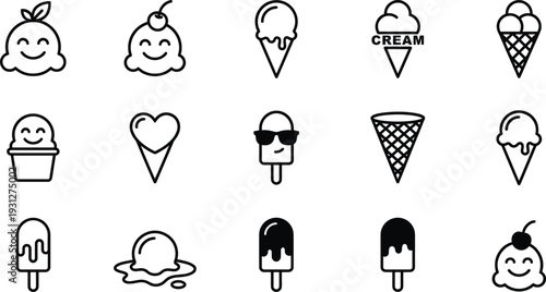 Playful black and white ice cream icons featuring cones, popsicles, scoops, and melting designs with cartoon faces, cherries, hearts, sunglasses, and text elements