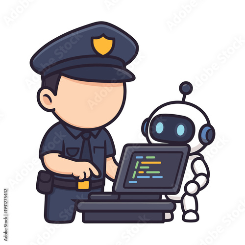 Police officer and robot working on laptop flat vector illustration