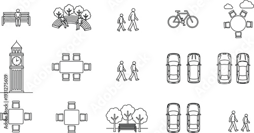 Urban city top view icon set, black line vector illustration of streets, cars, pedestrians, parks and buildings