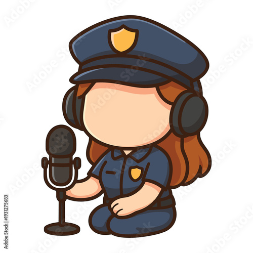 Chibi policewoman broadcasting with microphone flat vector