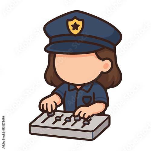 Cartoon police officer adjusting sound mixer flat vector