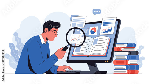 Dedicated researcher uses a magnifying glass to analyze business data and financial reports on a computer screen.