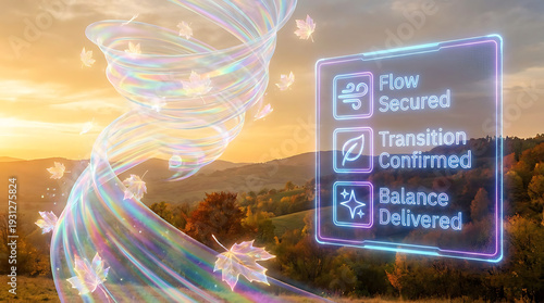 Glowing holographic wind swirls carrying leaves with digital interface screen in background at sunset