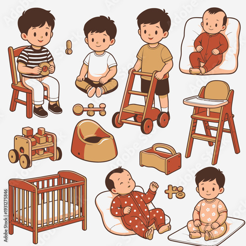 Baby Boy with Toys and Nursery Items vector illustration
