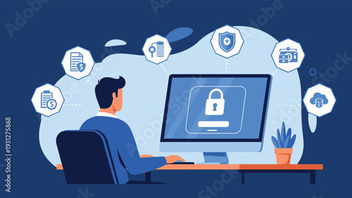 Cybersecurity specialist monitors protected digital assets and data encryption protocols on a high-tech desktop monitor.