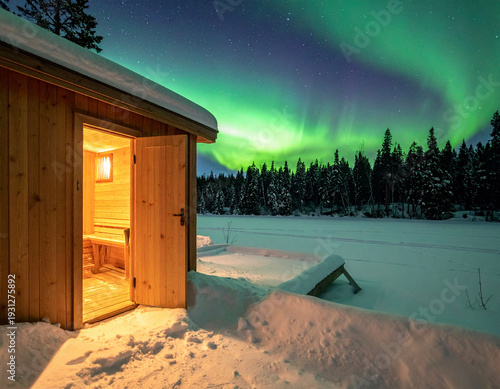Stunning Northern Lights over a snowy landscape from a cozy wooden sauna cabin