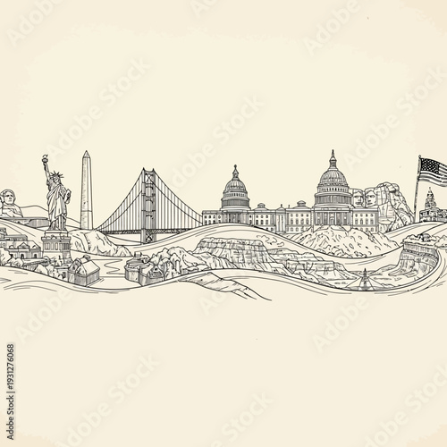 United States Landmarks Sketch Illustration.