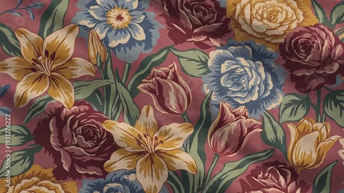 Exquisite Vintage Floral Tapestry with Lush Roses Lilies and Tulips in Rich Jewel Tones on a Textured Background.