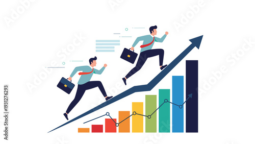Determined professionals race towards success while running up a rising bar graph representing financial growth and achievement.