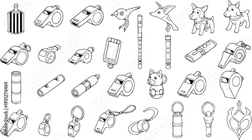 Collection of Whistles, Flutes, Dogs and Other Objects Outline Doodle Art
