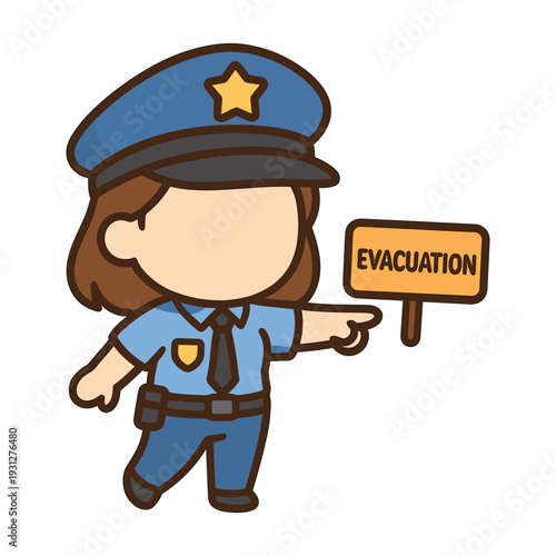 Cartoon female police officer pointing evacuation sign
