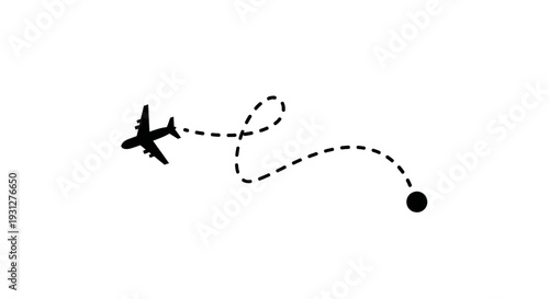 Airplane line path vector icon of air plane flight route. A black silhouette of an airplane flying with a dotted line path forming a loop on a white background, symbolizing travel and journey.