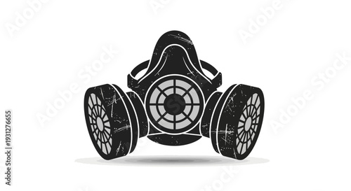 Graphic of a black gas mask with white details and a grunge texture on a white background.