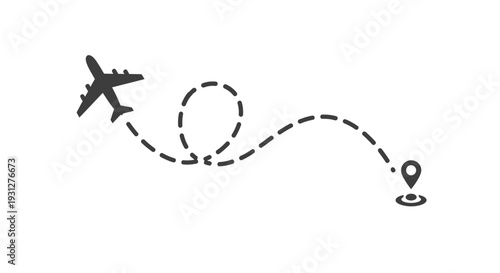 Airplane line path vector icon of air plane flight route. A black silhouette of an airplane flying with a dotted line path forming a loop on a white background, symbolizing travel and journey.