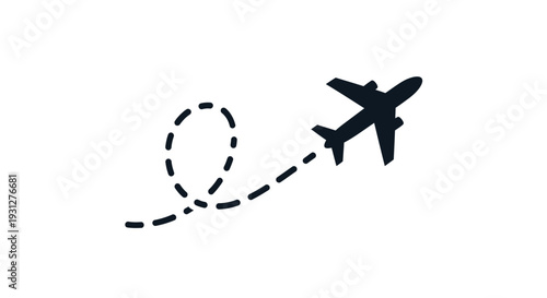 Airplane line path vector icon of air plane flight route. A black silhouette of an airplane flying with a dotted line path forming a loop on a white background, symbolizing travel and journey.