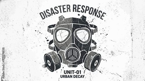 Post-apocalyptic gas mask, disaster response, urban decay, grunge style