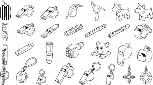 Line Art Collection: Whistles, Birds, Dogs, Flutes, and Assorted Objects Illustration