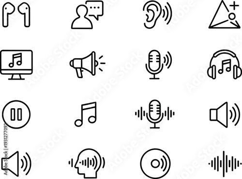Audio communication and music line icons set featuring microphone, headphones, speaker volume, voice chat and sound wave concepts