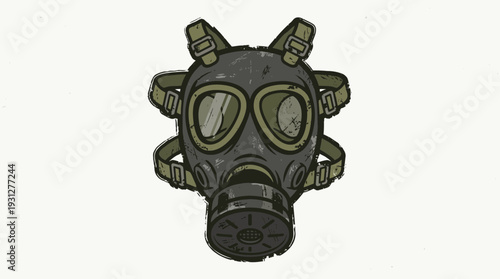 Vintage gas mask illustration with olive green straps and goggles