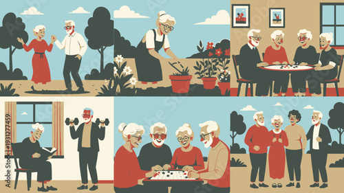 Active Seniors Enjoying Life Together vector illustration