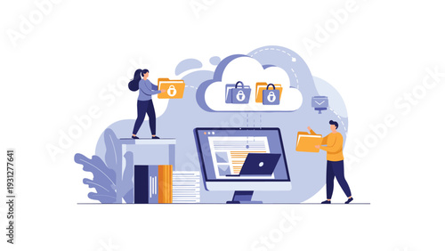 Security professionals organize sensitive digital files within a protected cloud environment to ensure data privacy and safety.