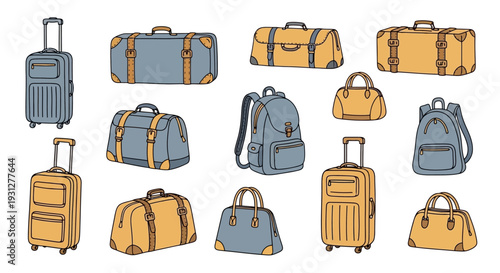 Doodle set of luggages. Suitcases and bags with different sizes for travelling. Backpacks and handbags for journeys in summer vacations. Flat isolated vector illustrations on white background