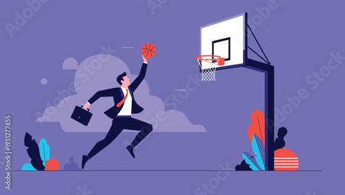 Motivated businessman achieves high performance goals by successfully dunking a basketball in a conceptual sports scene.