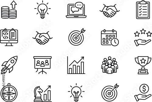 Business growth and strategy line icons set featuring partnership, startup launch, target achievement, analytics, revenue increase and leadership concepts