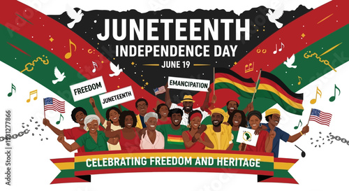  Juneteenth Independence Day Background. Black History Month. Freedom or Emancipation day. Annual American holiday June 19 poster. Horizontal banner vector illustration