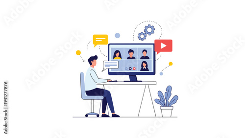 Professional employee participates in a collaborative remote meeting via video conference from his home office desk.