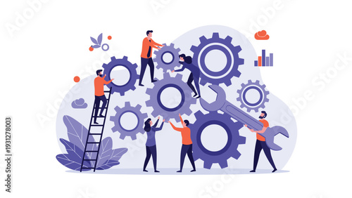Collaborative team uses various tools to maintain and operate a complex system of interlocking mechanical gears.