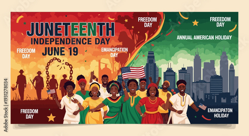  Juneteenth Independence Day Background. Black History Month. Freedom or Emancipation day. Annual American holiday June 19 poster. Horizontal banner vector illustration