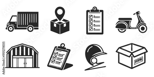 Icons representing various aspects of logistics and delivery services