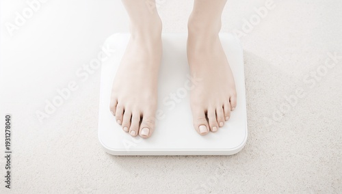 Close Up of Feet on Weighing Scale Obesity Awareness Concept