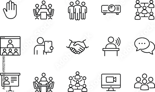 Business meeting and teamwork line icons set featuring video conference, handshake, presentation, collaboration and corporate communication concepts collection