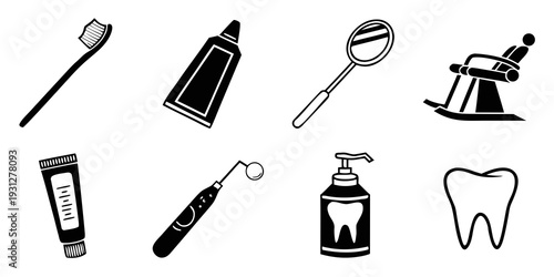 A collection of dental care items and tools used for oral hygiene and dental procedures