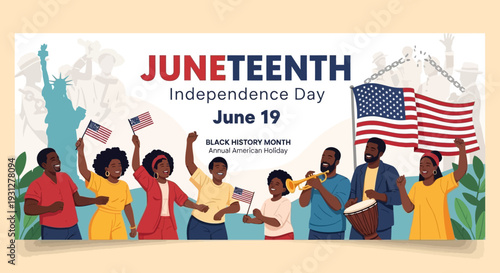  Juneteenth Independence Day Background. Black History Month. Freedom or Emancipation day. Annual American holiday June 19 poster. Horizontal banner vector illustration