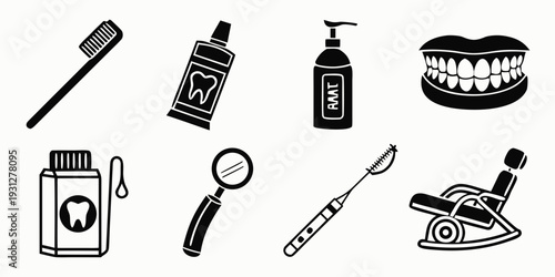 Diverse dental tools and products arranged in a row for oral hygiene and dental care.