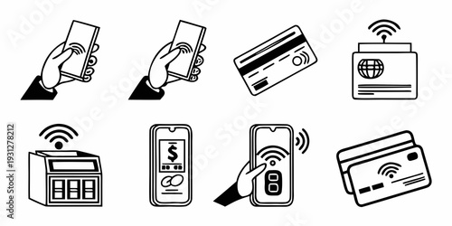 Various methods of mobile payments and transactions illustrated with icons.