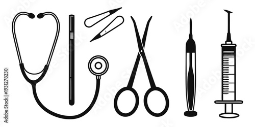Medical equipment including a stethoscope, scissors, syringe, and other tools