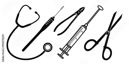 Medical instruments including a stethoscope, syringe, and scissors
