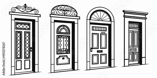 A variety of ornate and traditional door designs illustrated in black and white
