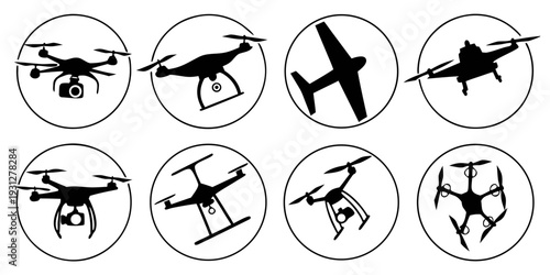 A collection of various types of drones and their silhouettes.