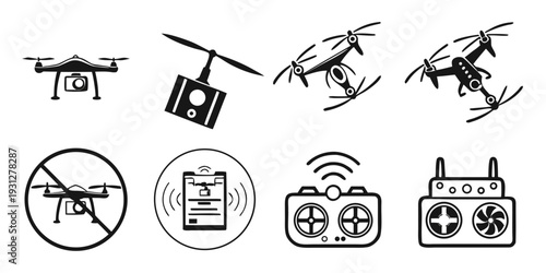 A variety of drones and remote control devices depicted in a line-up.